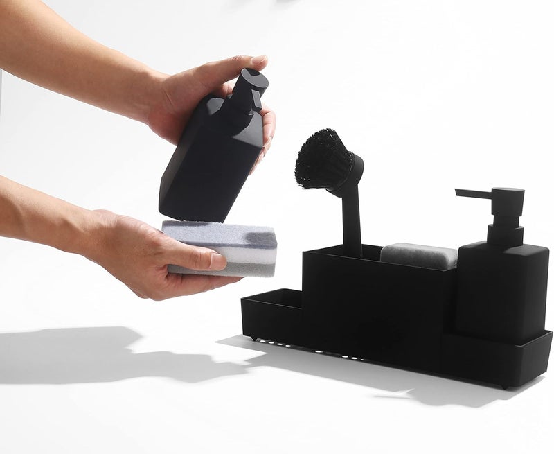 YAUKPH Kitchen Soap Dispenser with Sponge Holder Set for Sink Caddy, Hand Soap and Dish Soap Dispenser with Brush (Black) - Image 2